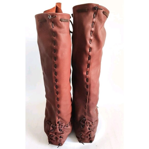 Ramble Leather Dark Brown Elk Deer Handmade Knee High Boots Size 10 Lace-Up Back - Picture 3 of 11